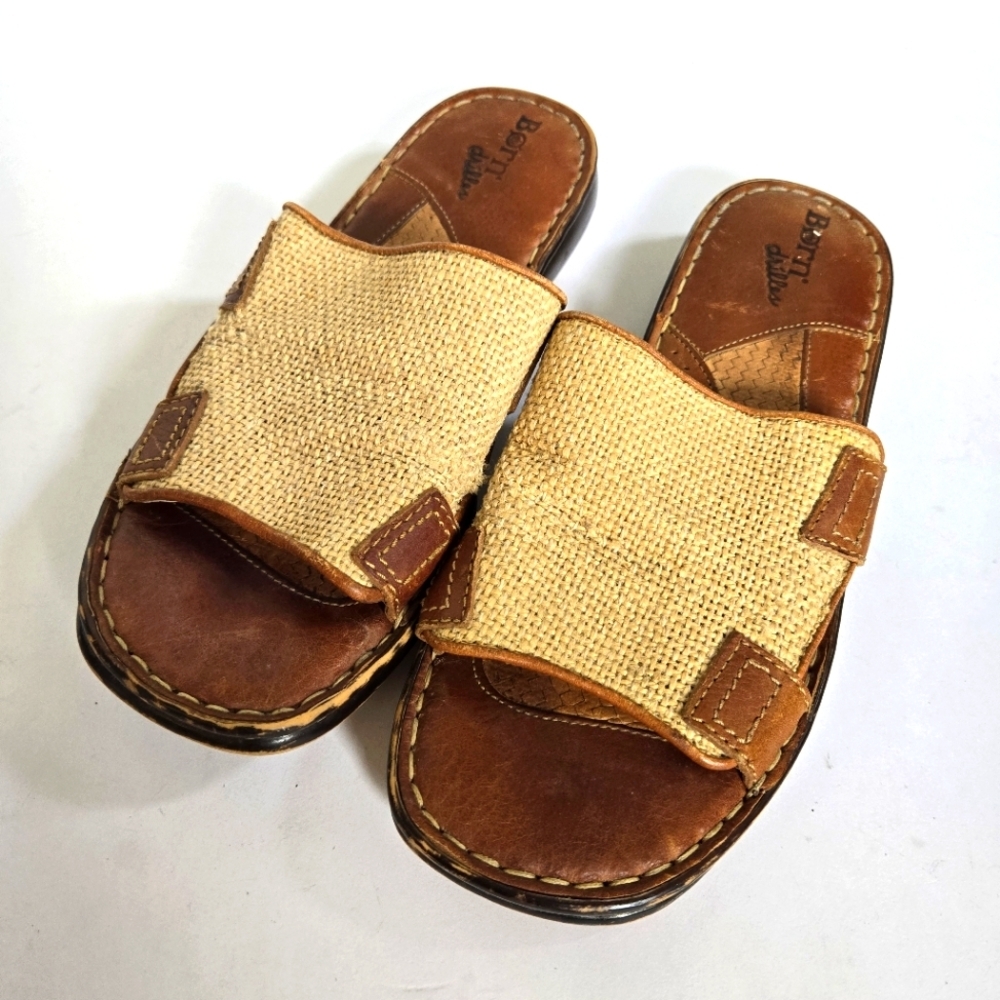 Born Drilles woven leather Tan slip on Sandals Sz 9/40.5